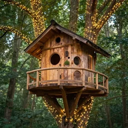 a professional photograph of a treehouse in a forest covered in fairy lights, HD, high quality, highly detailed, award-winning