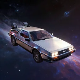 “ a beautiful concept art of delorean dmc - 1 2 as a spacecraft flying in the open cosmos, art by cushart krentz and greg rutkowski, raytracing, 8 k wallpaper, unreal engine 5, octane render, volumetric, hyperrealism, illustration, trending on artstation, pinterest ”