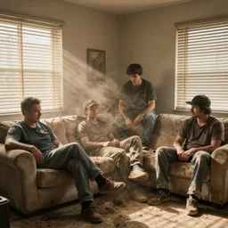 gang members chilling around dirty couch in a beige room thick atmospheric dust sun barely shines through the blinds jonathan zawada style photography
