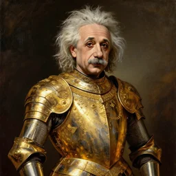 albert einstein, dressed in ornate, detailed, intricate golden armor, detailed oil painting by william adolphe bouguereau
