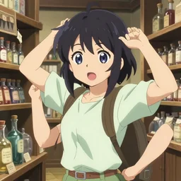 anime visual portrait of a young female traveler in a alchemist's potion shop interior shopping, cute face ilya kuvshinov, makoto shinkai, kyoani, masakazu katsura, dynamic pose, crisp and sharp, yoshinari yoh, glossy rounded eyes, anime poster, cel shaded, ambient light, detailed facial features