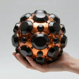 generative design bucky ball structure hand, bioceramic reflelctive material, black and orange colour palette