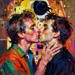 weird and disturbing portrait of bill hicks kissing todd solondz, vivid colors, neon, art by ( ( ( kuvshinov ilya ) ) ) and wayne barlowe and gustav klimt and artgerm and wlop and william - adolphe bouguereau