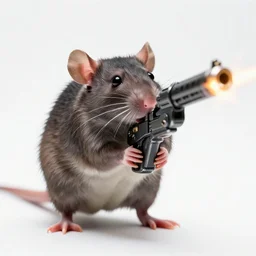 portrait of small bipedal fantasy realistic rat rodent!! firing alien fantasy gun weapon, barrel at towards screen, cinematic, portrait, macro, from the new science fiction movie, white background, 8 k, f 1. 8!!!