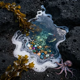 birds eye view tide pools, clear pools of water with swirling sea foam and colorful gemstones, dark black volcanic rock, floating kelp, glowing fishies, octopus