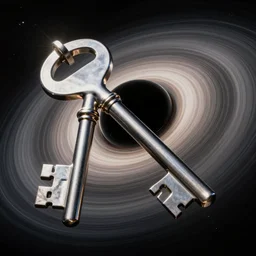 A super massive key orbiting a blackhole, octane render, large key, reflective surfaces, realistic lighting