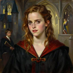 oil painting of emma watson giving seductive look wearing black robes with red and gold lining. hogwarts in background beautiful detailed face. by artgerm and greg rutkowski and alphonse mucha