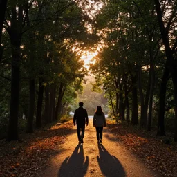 man and woman walking, path with trees, leaves on the ground, sky with sunset, volumetric light, dramatic, wide angle, by emmanuel shiu
