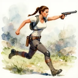 lara croft running and shooting with a gun, watercolours