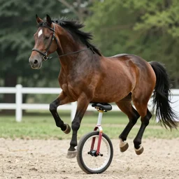 a horse with one leg riding a unicycle