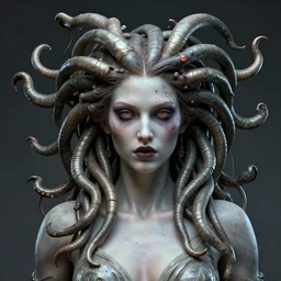 portrait medusa, godess, stunning, scary, macabre, beautiful by h r giger, ultra detailed, 3 d, future tech, global illumination