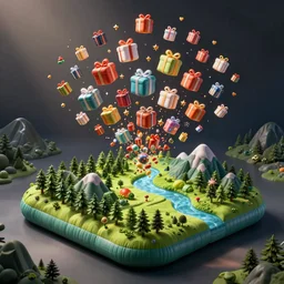 inflatable landscape with forest, river and mountains floating swarm of presents dreams and wishes , concept art, huge scale, high detail, sci fi by James Jean