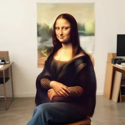 casual photograph of a woman sitting in a studio room pensively, with the poise and appearance of the mona lisa