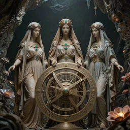 The three moiras, dressed in robes of veils  with intricate jewels on an epic intricate oroboros, behind a large and detailed sculpted astrolabe, inside a cave with  biomechanical flowers, dramatic atmosphere, Diffused lighting, highly detailed digital art, trending on artstation, depth of field