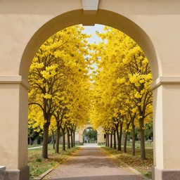 an infinite archway tunnel of golden laburnum tres in bloom painted by caravaggio