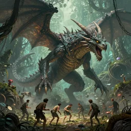 A beautiful computer art of a large, dragon-like creature with sharp teeth, talons, and a long tail. The creature is looming over a small group of people who appear to be in distress. Fantastic Planet, forestpunk by Simon Bisley unplanned