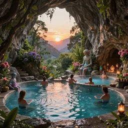 cozy mountain hot springs hidden in a cave, lush trees and flowers, sunset, nephilim, rippling pools of water, ethereal, fantasy, James Jean, oozium, peter morbacher, ((((((((((people)))))))))), alchemy, luxury, heavenly light, Soft illumination, Trending on artstation, Cinematic Lighting, digital painting, octane render, artgerm