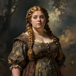 female dwarven noblewoman, chubby short stature, braided intricate hair, by j. c. leyendecker