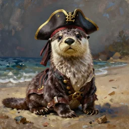 An otter dressed as a pirate sitting on the beach, oil on canvas painting