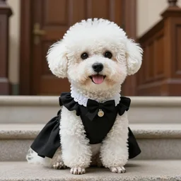 a closeup photorealistic photograph of a cute smiling knitted white bichon judge dog dressed in a black gown, sitting on the courthouse steps. indoors, professional capture, well lit shot. this 4 k hd image is trending on artstation, featured on behance, well - rendered, extra crisp, features intricate detail, epic composition and the style of unreal engine.