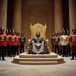 Jodorowsky's Dune movie, cinema still, emperor's throne room with guards, faces in focus, colorful uniforms, wide angle, cinestill 400t film