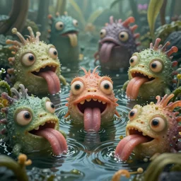 of an intricate murky pond with strange cute friendly happy creatures with huge eyes long tongue round teeth and funny face appearing from the water, in the style of craola, macro lens, shallow depth of field, highly detailed, digital painting, trending artstation, concept art, illustration, cinematic lighting, vibrant colors, photorealism, epic, octane render