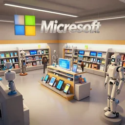 environment art matte painting of a 2 0 5 0 s microsoft retail interior, phones, tablets, robots and mannequins, by ian mcque, ruan jia by liam wong trending on artstation, 4 k
