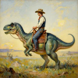 a painting of a cowboy riding a dinosaur in the style of n. c. wyeth.