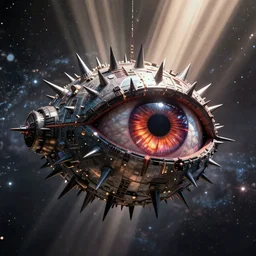 a spiky eldritch evil eye space ship by Marek Okon, god rays, fantasy art, 4k, HDR, photorealistic, 8k, trending on artstation