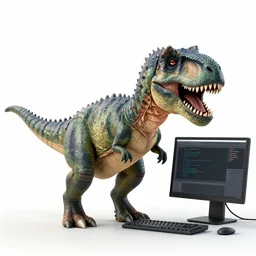 dall-e output of a T-Rex dinosaur programming next to a computer in an office with a hoodie