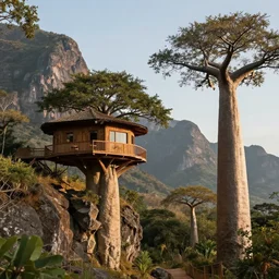 a modern treehouse on the side of a cliff in madagascar, next to an enormous mountain, baobab tree, artstation, an epic fantasy, cinematic lighting, hyper realistic, photographic, m, by greg rutkowski and wolp