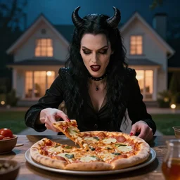 evil woman made of pizza, photorealistic, cinematic lighting, beatiful house