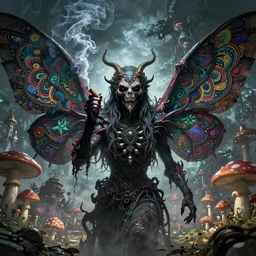 scary , epic , Post-processing , low angle , Greg rutkowski legendary matte painting , masterpiece , 8K centered headshot Portrait of a psychedelic godlike mothman posing with a cigar with giant mandala wings smoking a hand-rolled cigarette smoking heavily , magic mushroom village in background , post-processing , award winning. superb resolution. in the art style of Satoshi Kon and Greg Rutkowski , Detailed Mushroom city in background , Hyper realistic anime , Perfect art , Dalle2