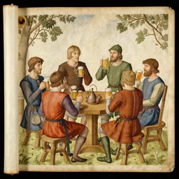 a bunch of lads having some beers medieval scroll painting