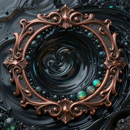 art nouveau cresting oil slick waves, hyperdetailed bubbles in a shiny iridescent oil slick wave, black opals, ornate copper patina medieval ornament, rococo, organic rippling spirals, octane render, 8 k 3 d
