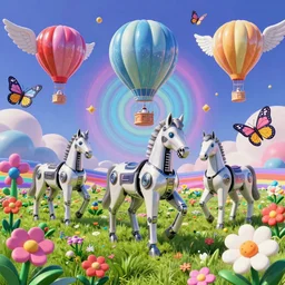 3 d render of cybernetic landscape with cyborg horses and hot air balloons with angel wings against a psychedelic surreal background with 3 d butterflies and 3 d flowers n the style of 1 9 9 0's cg graphics, lsd dream emulator psx, 3 d rendered y 2 k aesthetic by ichiro tanida, 3 do magazine, wide shot