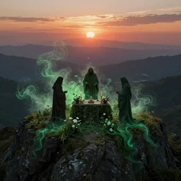 aerial view, 3 robed figures around an altar with flowers and plants, green spilling, on a mountain overlooking the vast and beautiful sunset, swirling magic dust, hyper realistic, ultra realistic, octane render, eerie, dark, cinematic, hypermaximalistic, high details, artstation trending, unreal engine