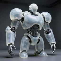 complex chromium cybernetic endoskeleton wide angle built of spheres in a dark gray room wearing frosted glass like translucent armor plates highly detailed