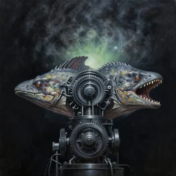 oil painting of helicoprion heads mixed by sentient hadron collider gear box, with gradient atomic sky hellstorm, black light art painting, cinematic, in style of robert williams & frazetta