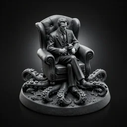 isometric view black resin miniature - howard phillips lovecraft hold cat on lap, man dressed suit sit in tall leather armchair, circle base as big tentacle with suction cups, black background, octane render, backlight, macroshot, grayscale, highly detailed intricate matte sharp focus digital painting artstation pixiv