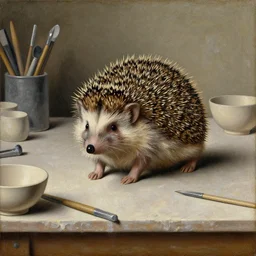 famous painting of a hedgehog on a table in a ceramic workshop, surrounded by ceramicists tools and unfinished bowls, oil painting, northern renaissance art, oil on canvas, wet - on - wet technique, realistic, intricate textures, illusionistic detail