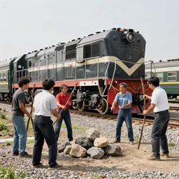 people with sticks and stones surrounded two people, against the background of a train locomotive