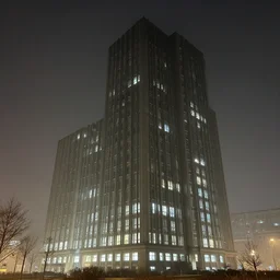 a massive brutalist building with lights on at night in a foggy environment