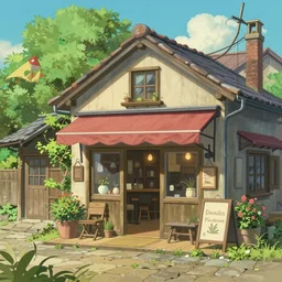 beautiful cute cozy little cafe on a cobblestone street in a tiny town, anime style of hayao miyazaki, digital art trending on artstation