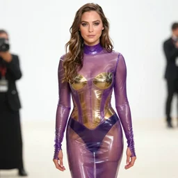sexy Gal Gadot  wearing very tight  Translucent purple and Gold latex  crazy outfit Met Gala photoshoot