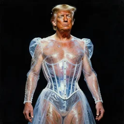 donald j trump wearing transparent corset dress, intricate, highly detailed, fantasy painting, sharp focus, art by frank frazetta and salvador dali