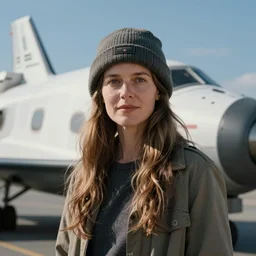a portrait of a beautiful woman standing by a space ship by zhang jingna, long hair, aged 2 5, swedish, wearing a travel hat, photo realistic, real life, photograph, 3 5 mm, octane render, trending on artstation