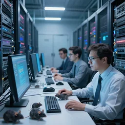 computer nerd lab mice in a giant server farm, being watched by mega-rich capitalist overlords