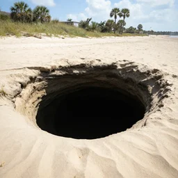 deep dark hole on a sandy mississippi beach, no trees no palm trees, no rocks.
