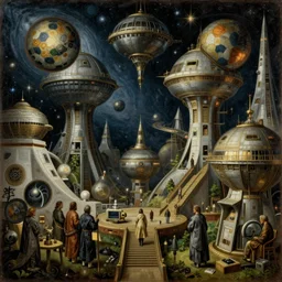 a beautiful painting of an elaborate space sci - fi scene painted by bosch, detailed, unreal engine